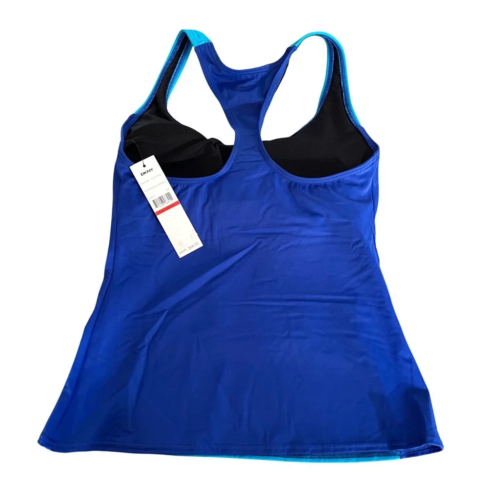 DKNY Racerback Tankini Women XS Blue Pink Striped Colorblock Sporty Swim Top NEW